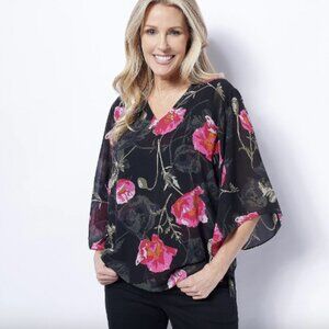 Belle by Kim Gravel Poppy Printed Blouse Embroidery , Black Sz  a47552